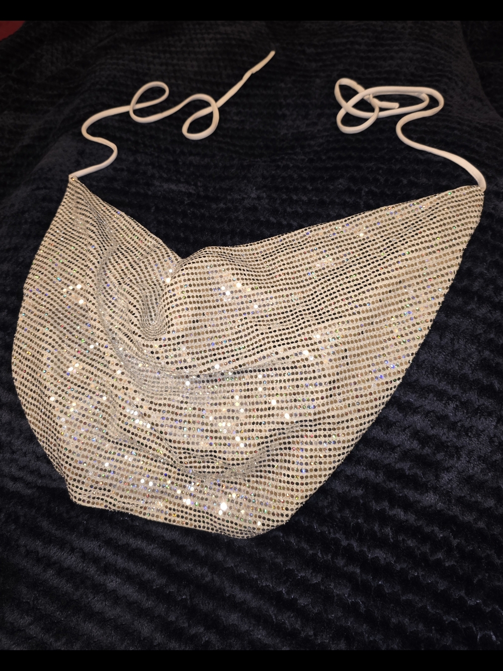 Fashion Nova Beige Rhinestone Mesh Halter Top